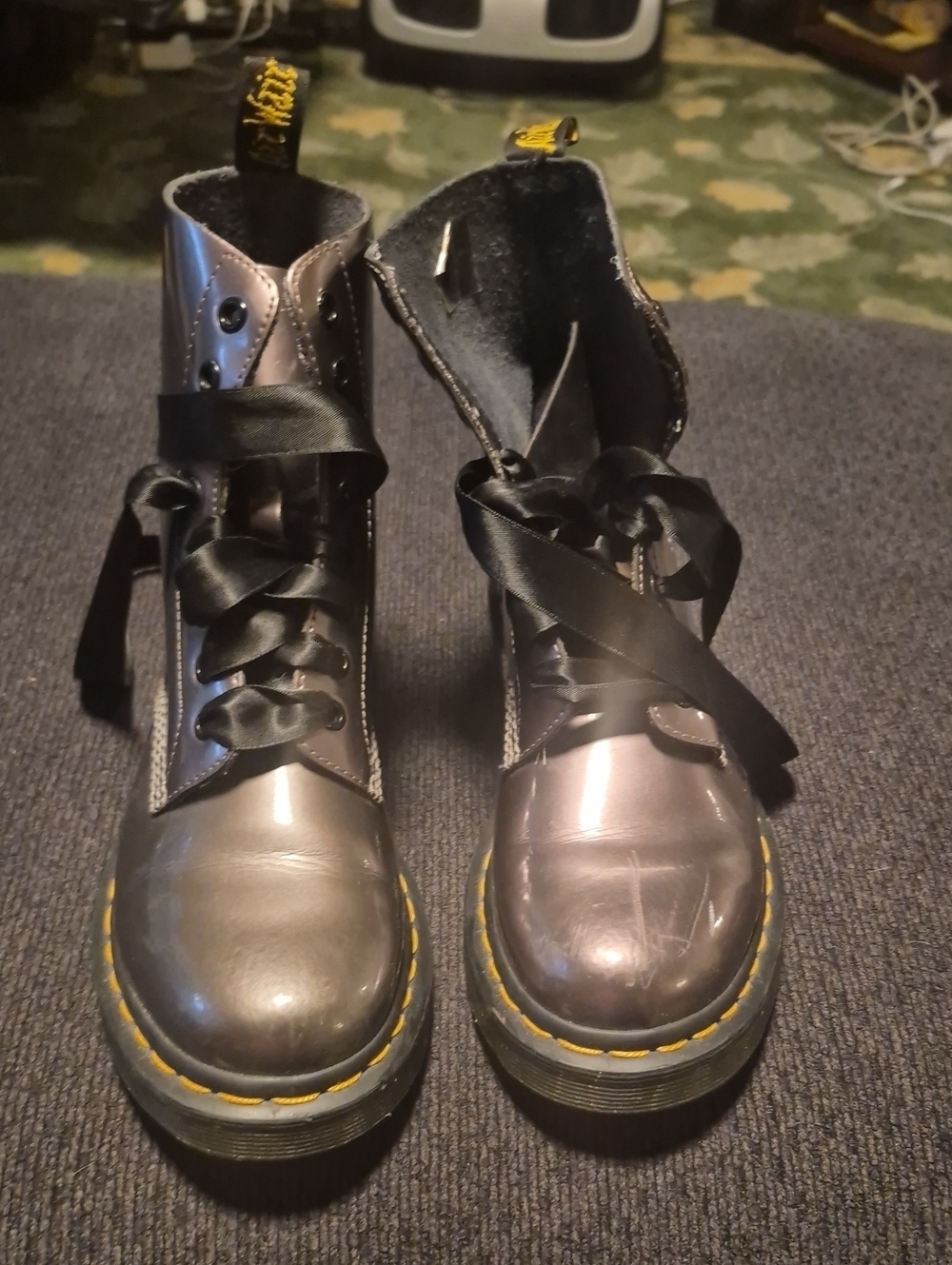 Dr. Martens Metallic Gray Lace-Up Combat Boots with Black Ribbon Laces
